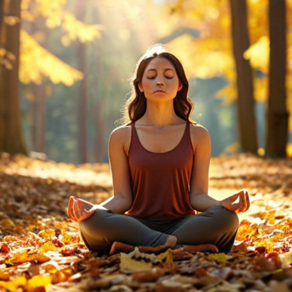 **

Prompt: A serene woman meditating in a sun-drenched forest, surrounded by autumn leaves. Focus on her peaceful expression and the vibrant colors of nature. Emphasize a sense of acceptance and letting go. Perhaps some blurred bokeh effects to represent thoughts fading away. Golden hour lighting.

**