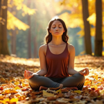 **

Prompt: A serene woman meditating in a sun-drenched forest, surrounded by autumn leaves. Focus on her peaceful expression and the vibrant colors of nature. Emphasize a sense of acceptance and letting go. Perhaps some blurred bokeh effects to represent thoughts fading away. Golden hour lighting.

**