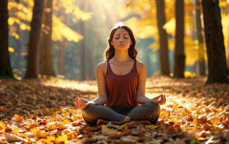 **

Prompt: A serene woman meditating in a sun-drenched forest, surrounded by autumn leaves. Focus on her peaceful expression and the vibrant colors of nature. Emphasize a sense of acceptance and letting go. Perhaps some blurred bokeh effects to represent thoughts fading away. Golden hour lighting.

**