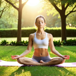** A serene woman meditating outdoors in a lush green park at sunrise. Golden light filters through the trees. She is in a yoga pose, eyes closed, with a peaceful expression, emphasizing mindfulness and inner peace.

**