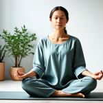 A serene woman in a modest, comfortable tunic, sitting in a tranquil, minimalist meditation space bathed in soft, natural light, with subtle, healthy potted greenery in the background. The atmosphere is calm and peaceful, conveying inner stillness and mindfulness. Professional photography, high resolution, soft focus, calming color palette, safe for work, appropriate content, fully clothed, professional, perfect anatomy, correct proportions, natural pose, well-formed hands, proper finger count, natural body proportions.