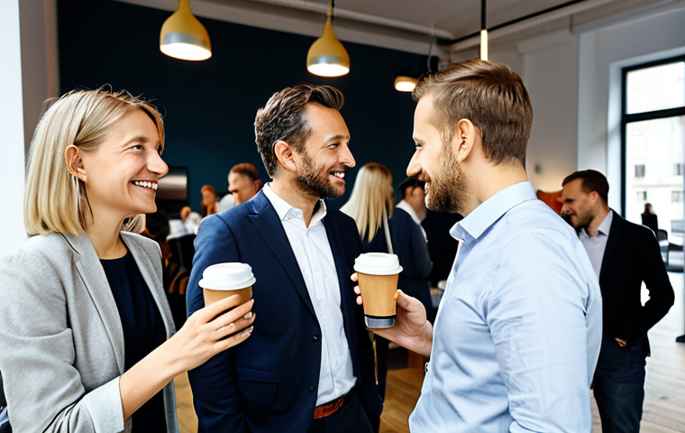 Networking Event in Berlin**
"A group of professionals in modern business attire, fully clothed, networking at a 'Get-Together' in a stylish Berlin co-working space. People are engaged in conversation, holding Kaffee and Brezeln. Soft, natural lighting. Safe for work, appropriate content, professional environment, perfect anatomy, natural proportions, family-friendly, high-resolution, professional photography."
**