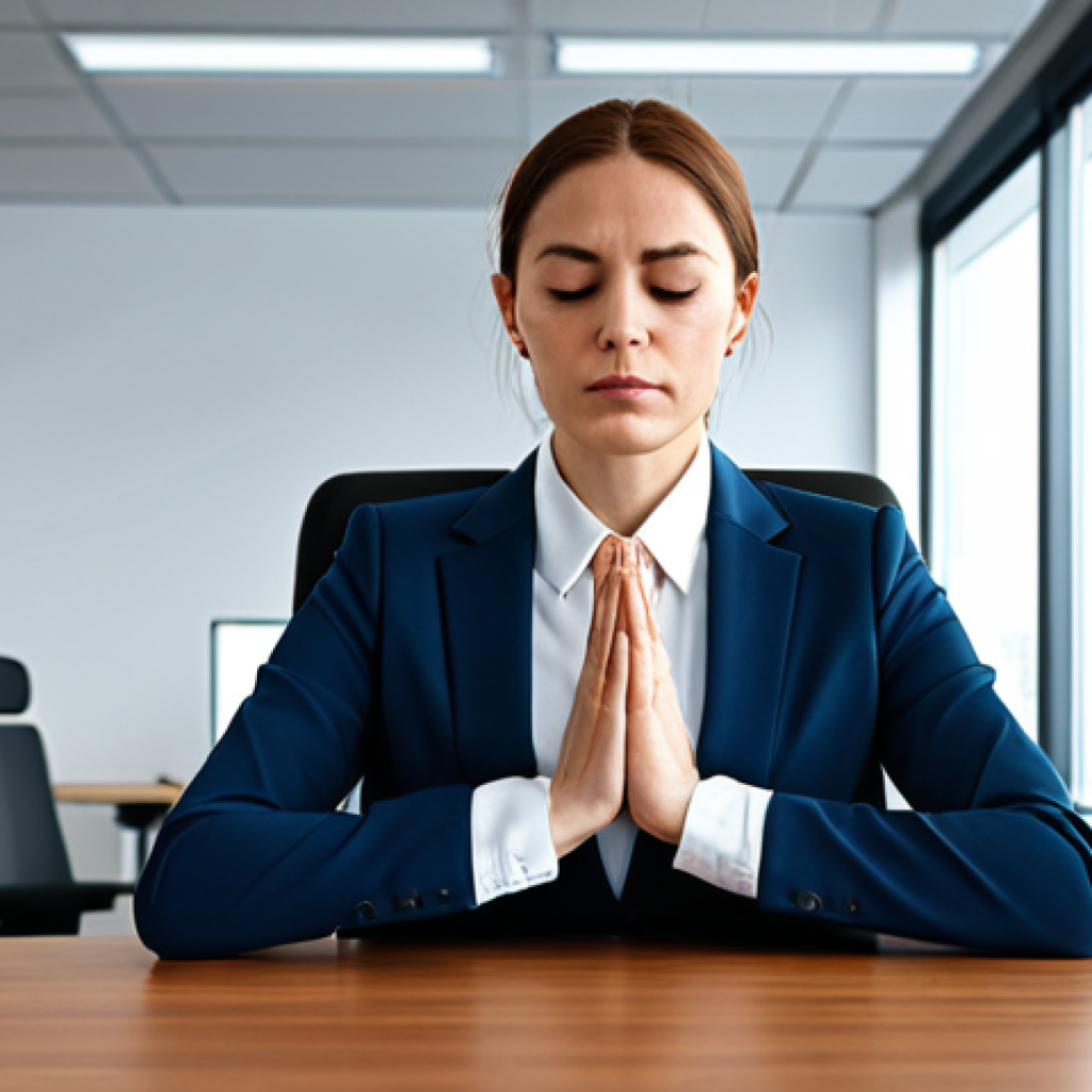 **

A professional woman in a modest business suit practices mindful breathing at her desk in a modern office. She is fully clothed, with appropriate attire. Focus on perfect anatomy, correct proportions, and a natural pose. This is a safe for work, professional, and family-friendly image. High-quality photography.

**