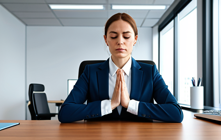 **
A professional woman in a modest business suit practices mindful breathing at her desk in a modern office. She is fully clothed, with appropriate attire. Focus on perfect anatomy, correct proportions, and a natural pose. This is a safe for work, professional, and family-friendly image. High-quality photography.
**
