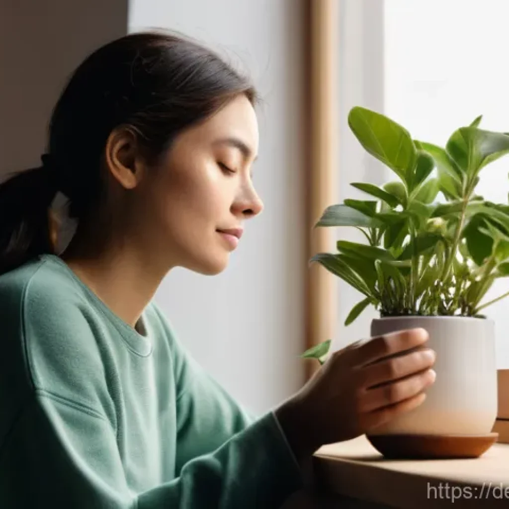 내면의 지혜를 키우는 일상 습관 - **A Mindful Morning Moment:** A woman in her late 20s or early 30s, dressed in comfortable, soft lou...