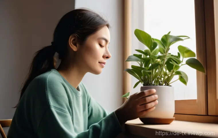 내면의 지혜를 키우는 일상 습관 - **A Mindful Morning Moment:** A woman in her late 20s or early 30s, dressed in comfortable, soft lou...