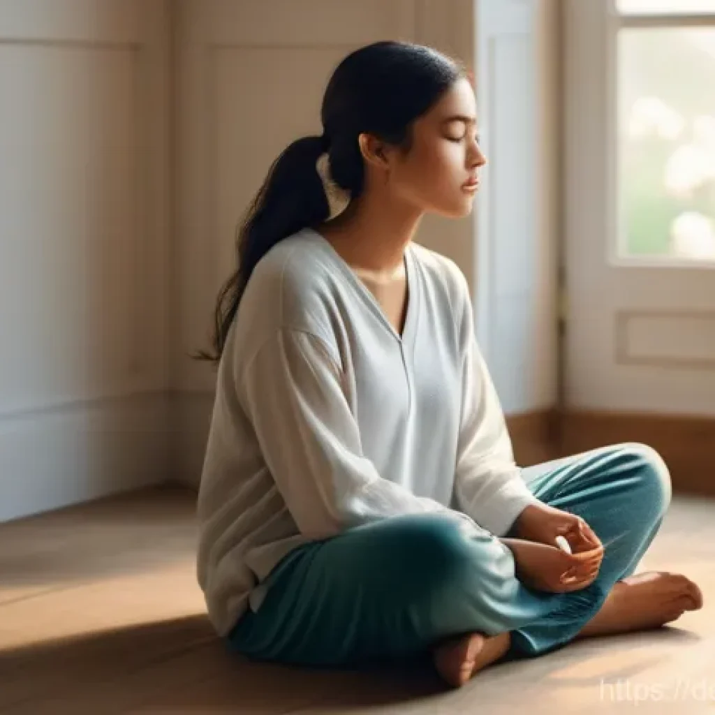 내면의 지혜를 찾는 데 도움이 되는 질문들 - **Prompt:** A serene and calm woman, dressed in comfortable, modest loungewear, sits cross-legged on...