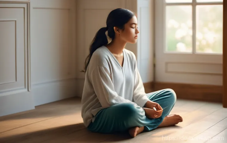 내면의 지혜를 찾는 데 도움이 되는 질문들 - **Prompt:** A serene and calm woman, dressed in comfortable, modest loungewear, sits cross-legged on...