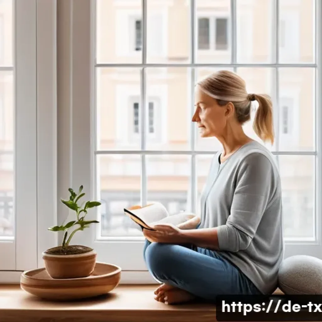내면의 지혜와 감정적 건강의 중요성 - A serene, sunlit morning scene in a cozy German apartment featuring a middle-aged woman practicing m...