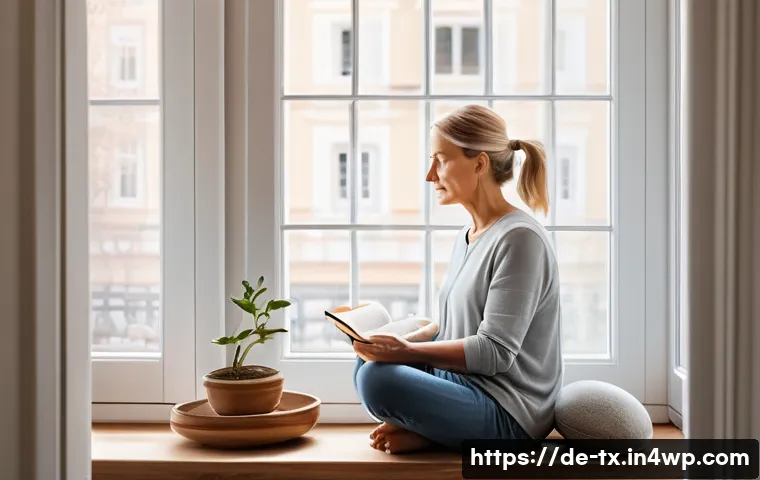 내면의 지혜와 감정적 건강의 중요성 - A serene, sunlit morning scene in a cozy German apartment featuring a middle-aged woman practicing m...