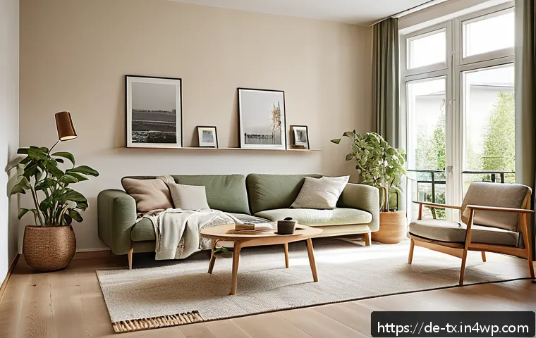 내면의 지혜와 환경의 상관관계 - A serene, sunlit modern living room in a typical German apartment, featuring large open windows floo...