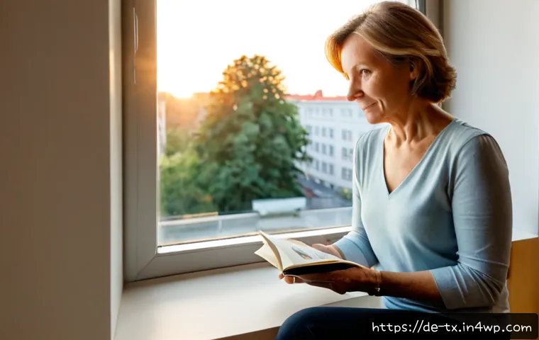 내면의 지혜를 통한 꿈 실현하기 - Photorealistic middle-aged German woman sitting quietly by a large window in a bright Berlin apartme...